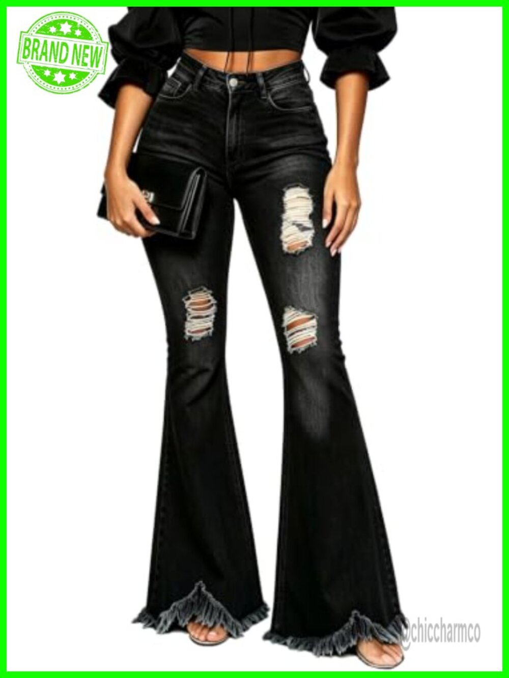 High Waisted Flared Bell Bottom Jeans Raw Hem Wide Leg Denim Pants